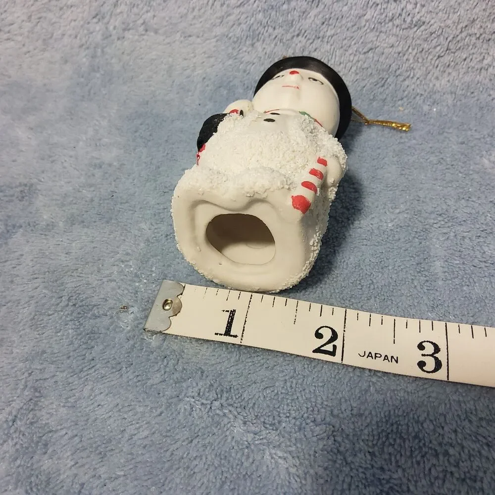 Vintage Textured Bisque Porcelain Snowman Christmas Ornament Top Hat Candy Cane